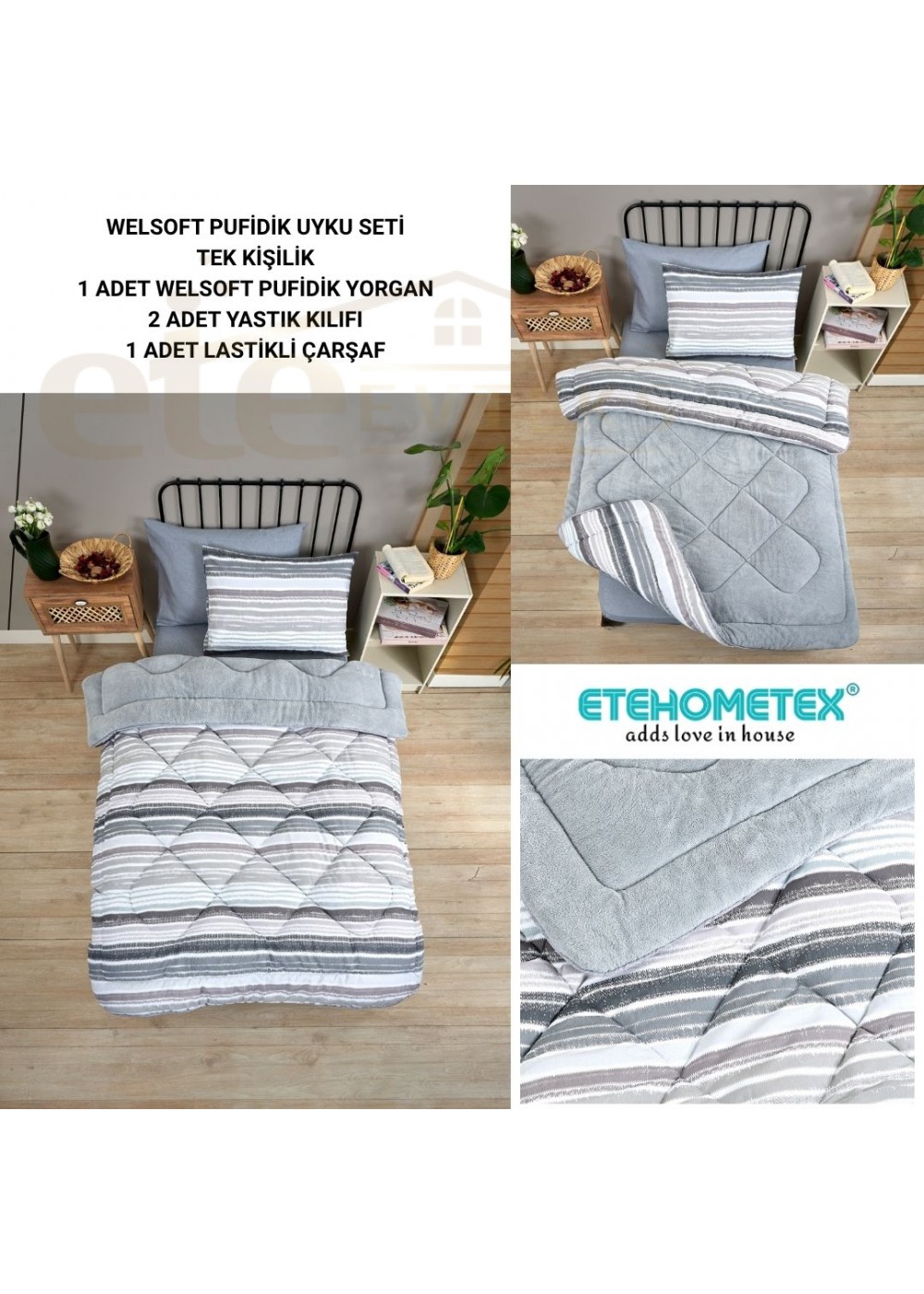 ETE HOMETEX TEK KİŞİLİK WELSOFT UYKU SETİ TASEL GRİ 8696474232022